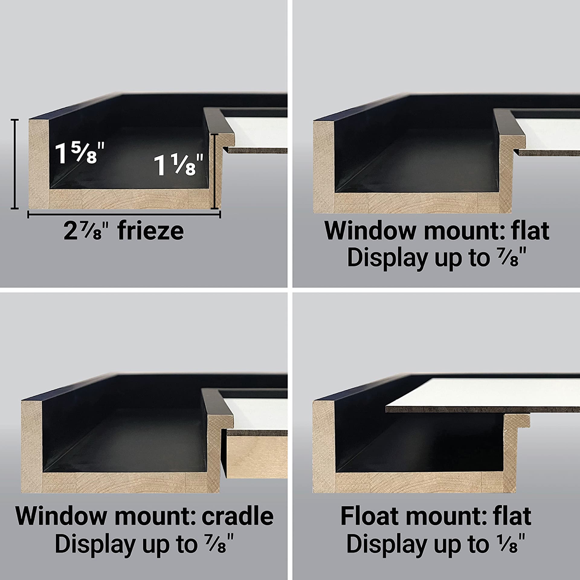 Ampersand DuoFrame cross-view showing dimensions and the various ways panels can be mounted in the frame.