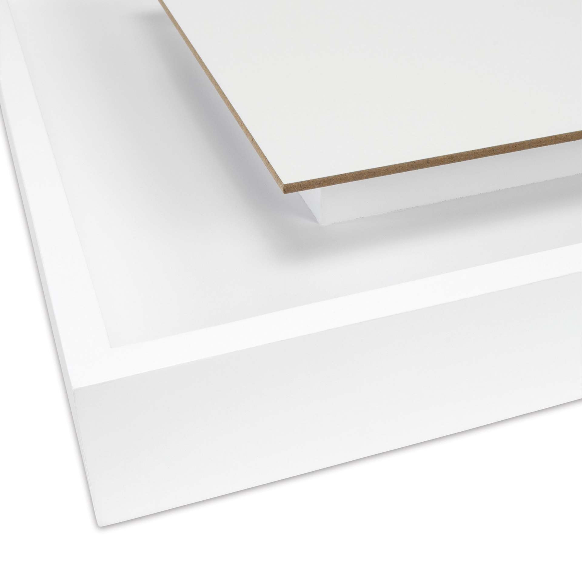 A white Ampersand DuoFrame with a 1/8" panel float mounted. A white Ampersand DuoFrame with a 1/8" panel float mounted.