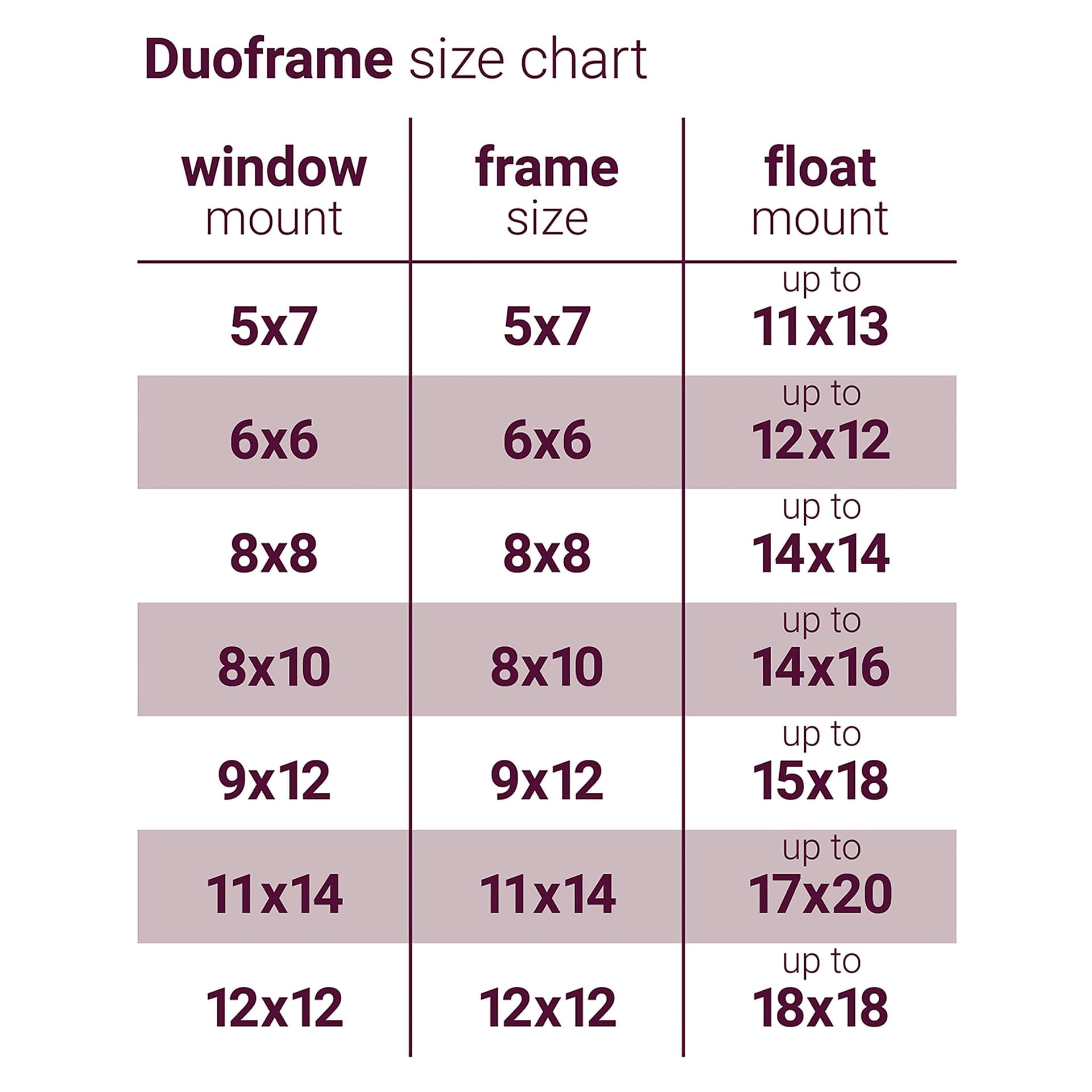 Ampersand DuoFrame sizing chart. Ampersand DuoFrame sizing chart.