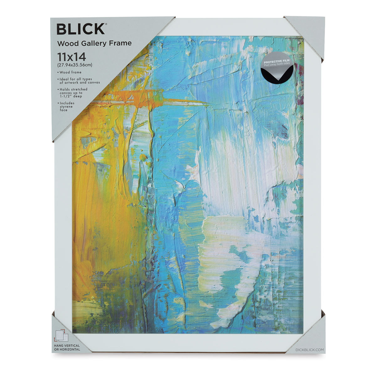 Blick Wood Gallery Frame - White, 11'' x 14''. Front with corner packaging, sample art inside frame. Blick Wood Gallery Frame - White, 11'' x 14''. Front with corner packaging, sample art inside frame.
