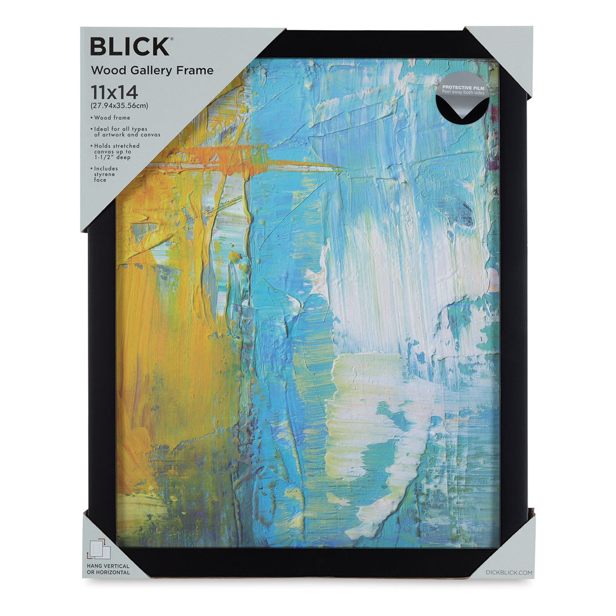 Blick Wood Gallery Frame - Black, 11'' x 14''. Front with corner packaging, sample art inside frame.