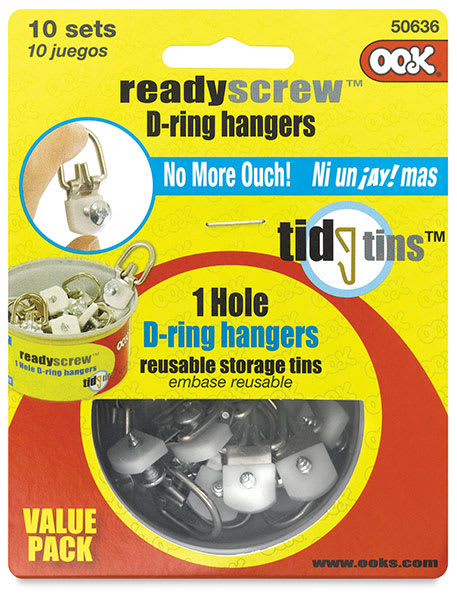 Ook ReadyScrew D-Ring Hangers - Front of package of Tin of Single Hole 10 pack Ook ReadyScrew D-Ring Hangers - Front of package of Tin of Single Hole 10 pack