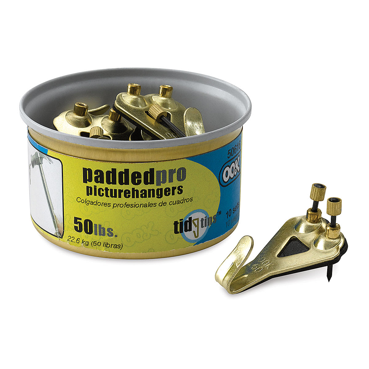OOK Padded Hanger Tidy Tin - 50 lb Capacity, Pkg of 10, tin and one hanger laid out