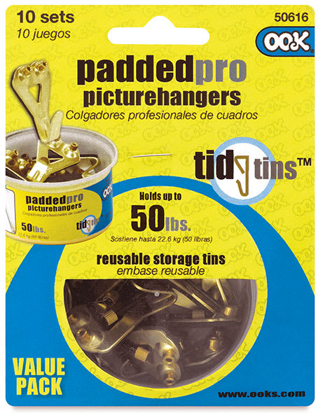 Ook Padded Pro Picture Hangers - Front of blister package of 10 pc 50 lb tin of hangers