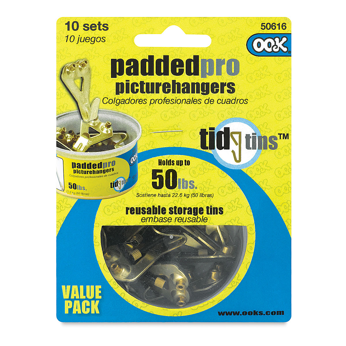 OOK Padded Hanger Tidy Tin - 50 lb Capacity, Pkg of 10, front of the packaging OOK Padded Hanger Tidy Tin - 50 lb Capacity, Pkg of 10, front of the packaging