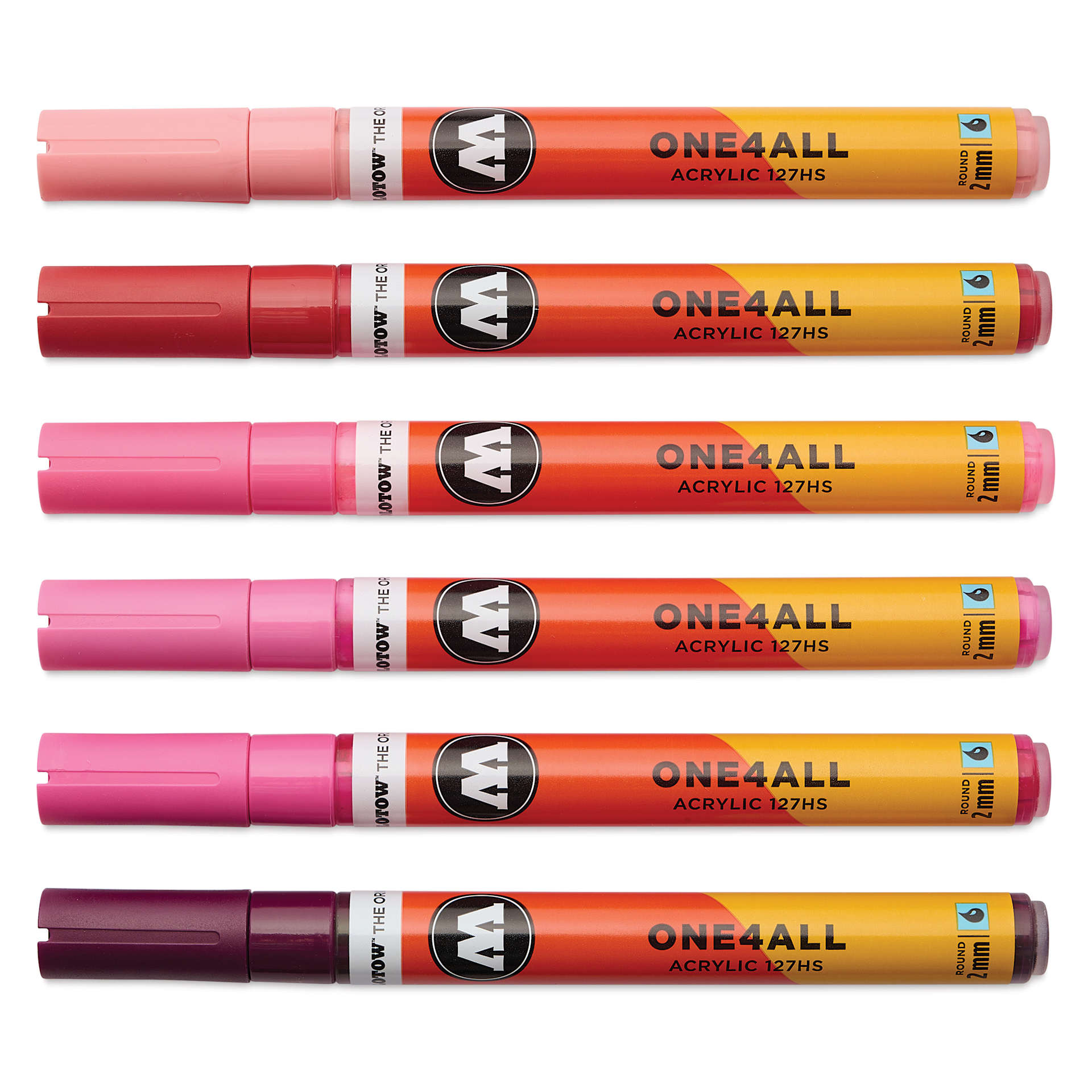 Molotow One4All Acrylic Markers - Set of 6, Pink Colors, 2 mm, caps on