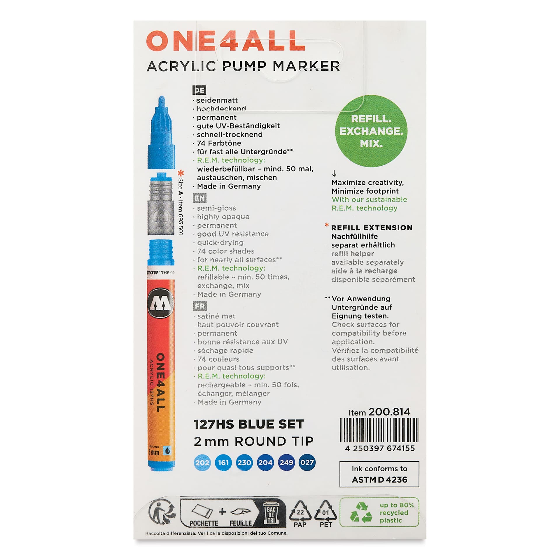 Molotow One4All Acrylic Markers - Set of 6, Blue Colors, 2 mm, back of packaging