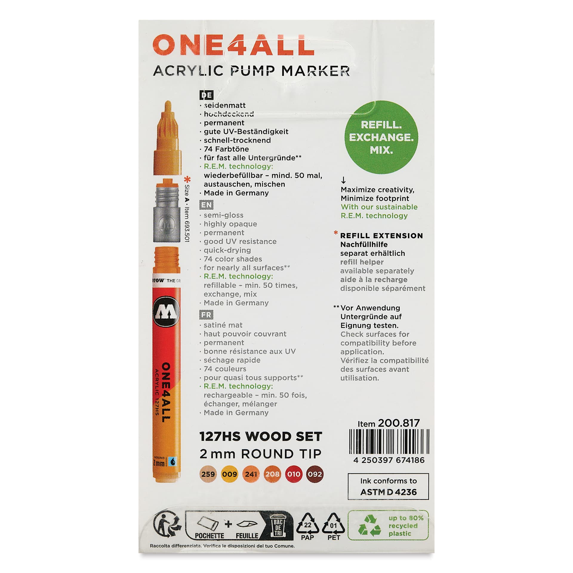 Molotow One4All Acrylic Markers - Set of 6, Wood Colors, 2 mm, back of packaging