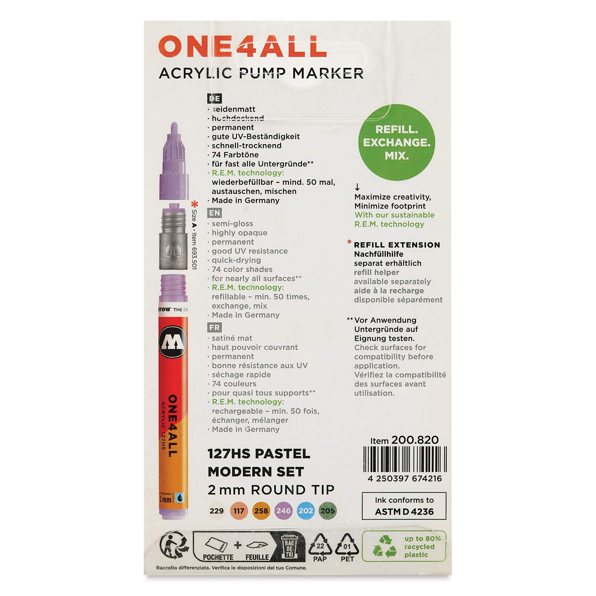 Molotow One4All Acrylic Markers - Set of 6, Pastel Modern Colors, 2 mm, back of packaging
