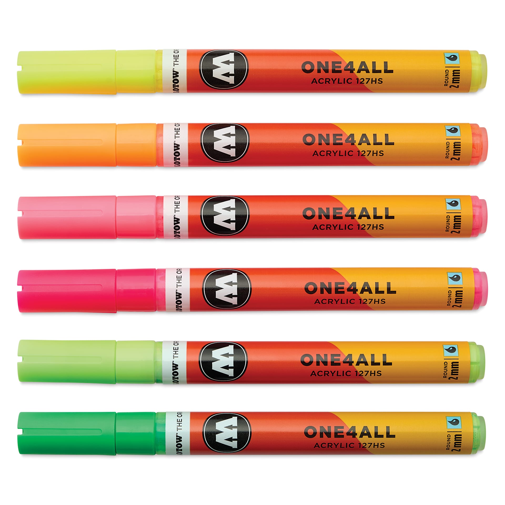 Molotow One4All Acrylic Markers - Set of 6, Neon Colors, 2 mm, caps on