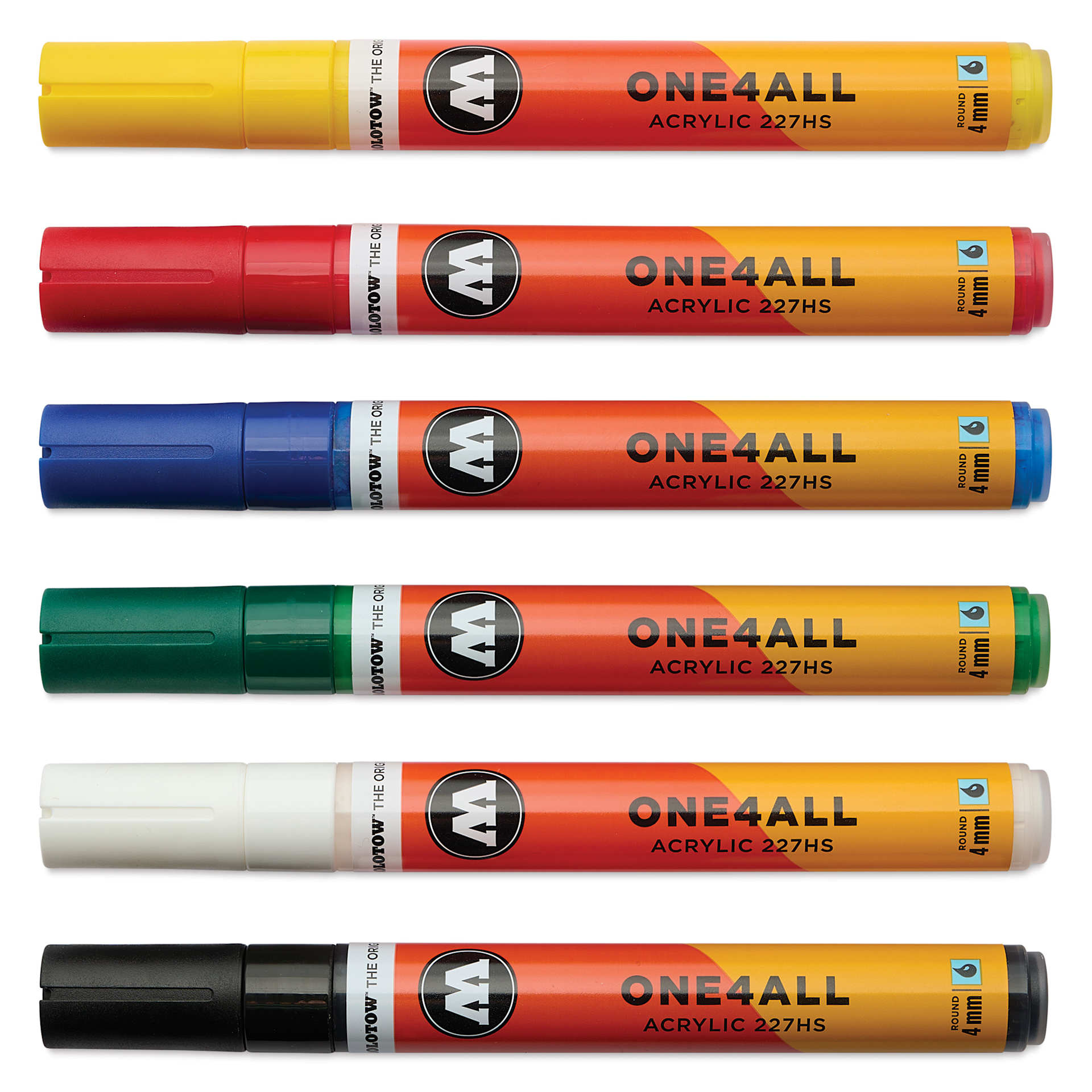 Molotow One4All Acrylic Markers - Set of 6, Basic 1 Colors, 4 mm, caps on