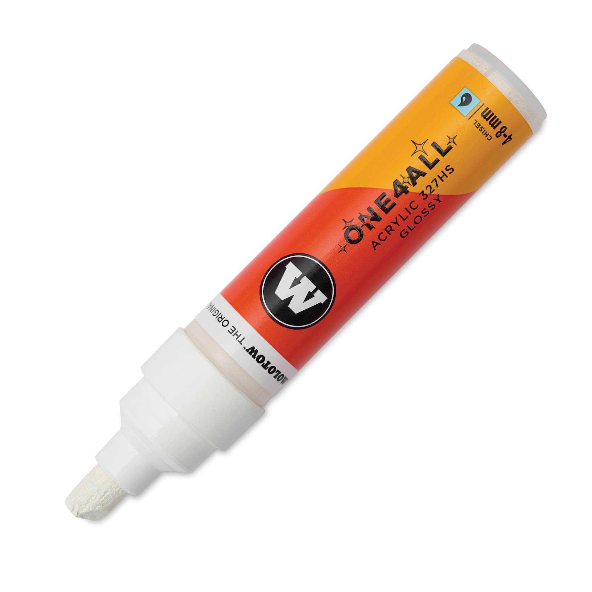 Molotow One4All Acrylic Marker - 4-8 mm Tip, White Glossy, Chisel Tip, cap off