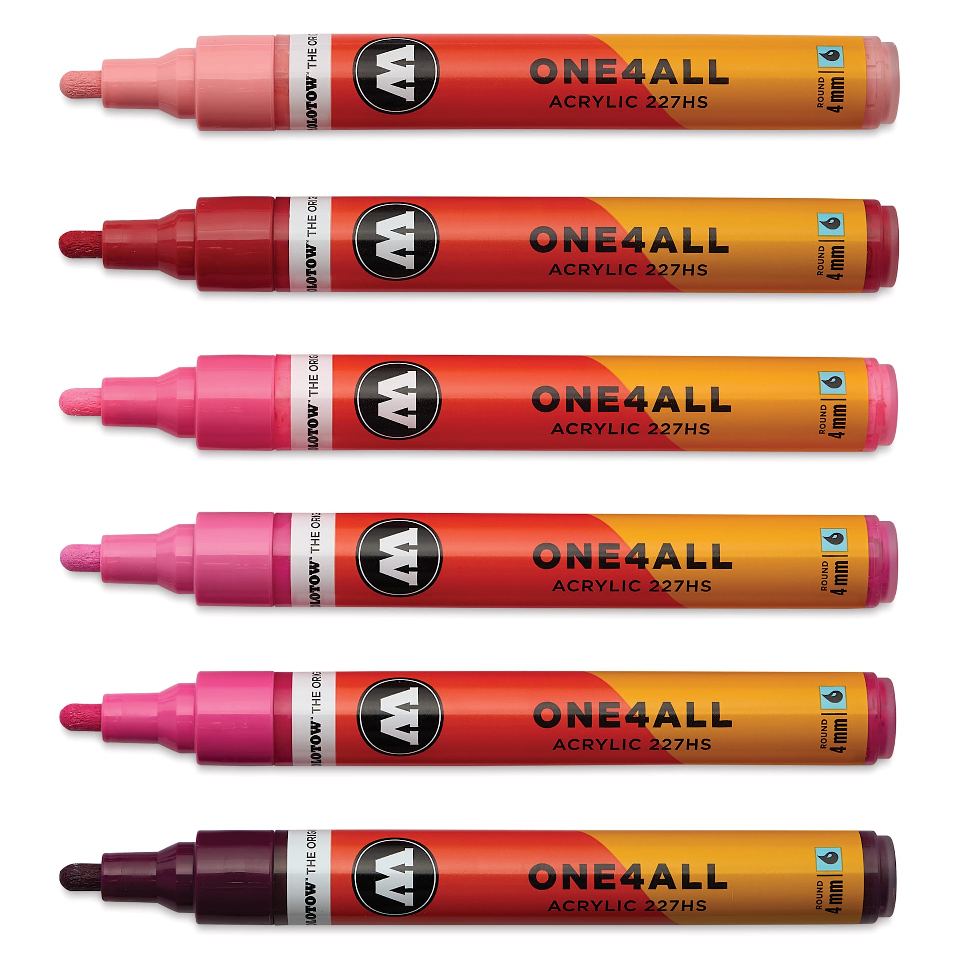 Molotow One4All Acrylic Markers - Set of 6, Pink Colors, 4 mm, caps off