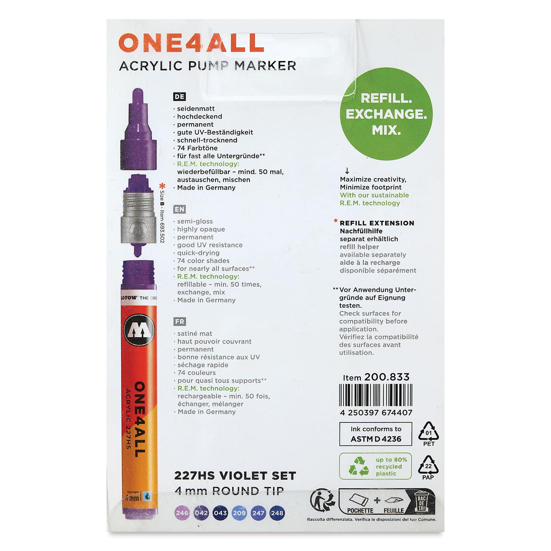 Molotow One4All Acrylic Markers - Set of 6, Violet Colors, 4 mm, back of packaging