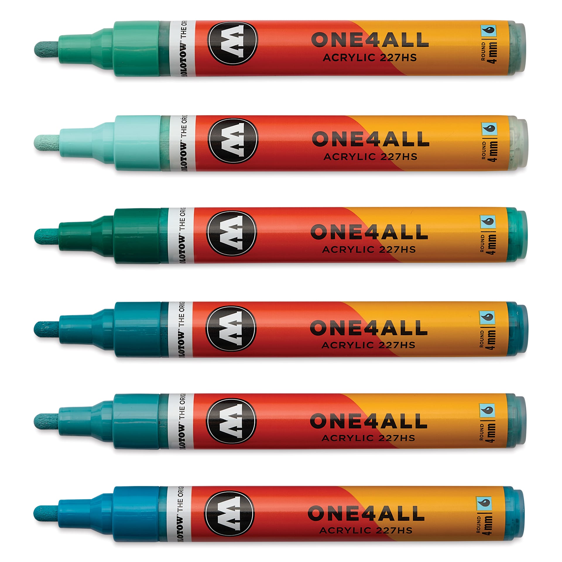 Molotow One4All Acrylic Markers - Set of 6, Tropical Colors, 4 mm, caps off