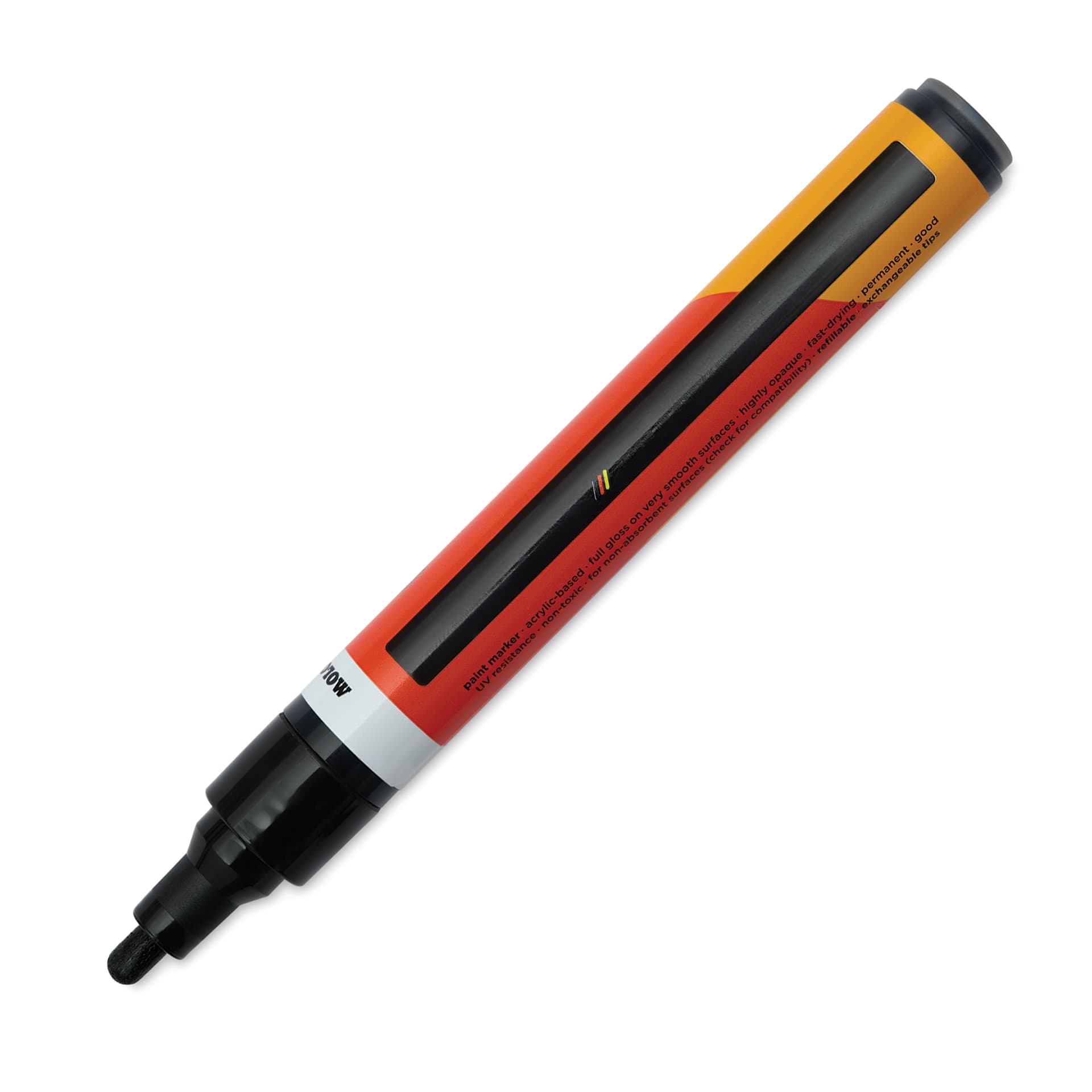 Molotow One4All Acrylic Marker - 4 mm Tip, Black Glossy, Bullet Tip, cap off showing ink