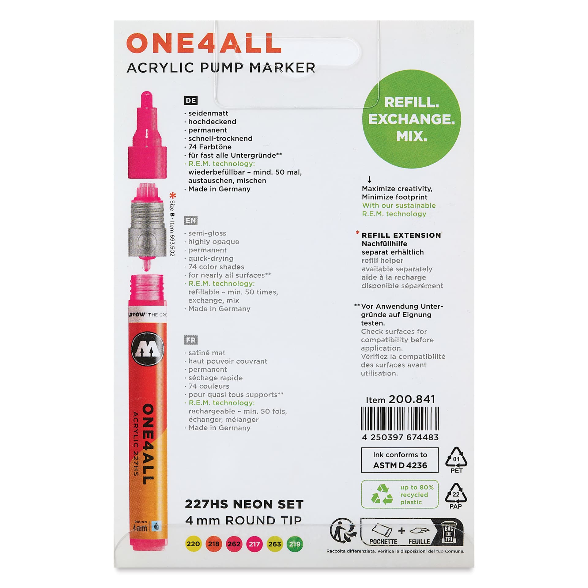 Molotow One4All Acrylic Markers - Set of 6, Neon Colors, 4 mm, back of packaging