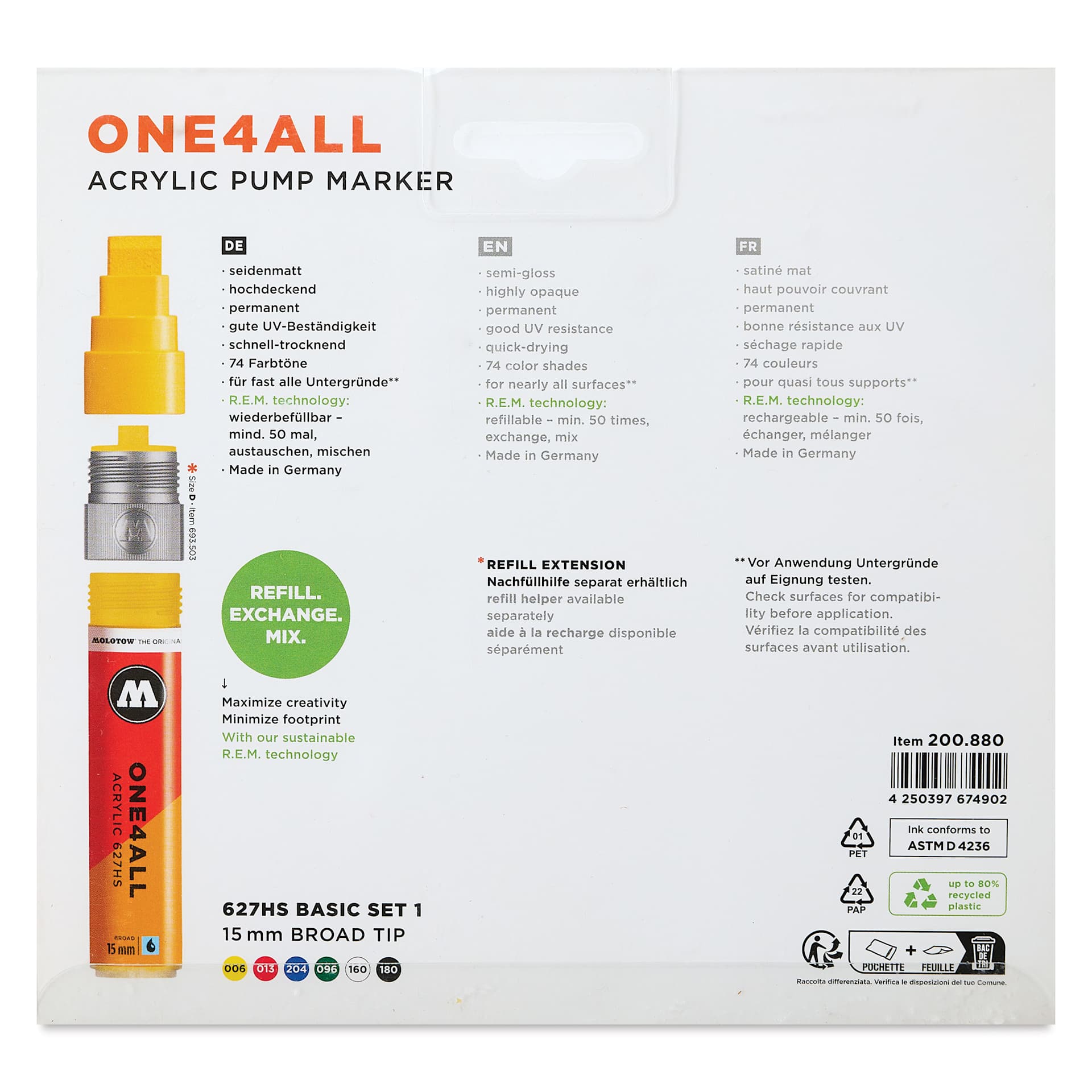 Molotow One4All Acrylic Markers - Set of 6, Basic 1 Colors, 15 mm, back of packaging