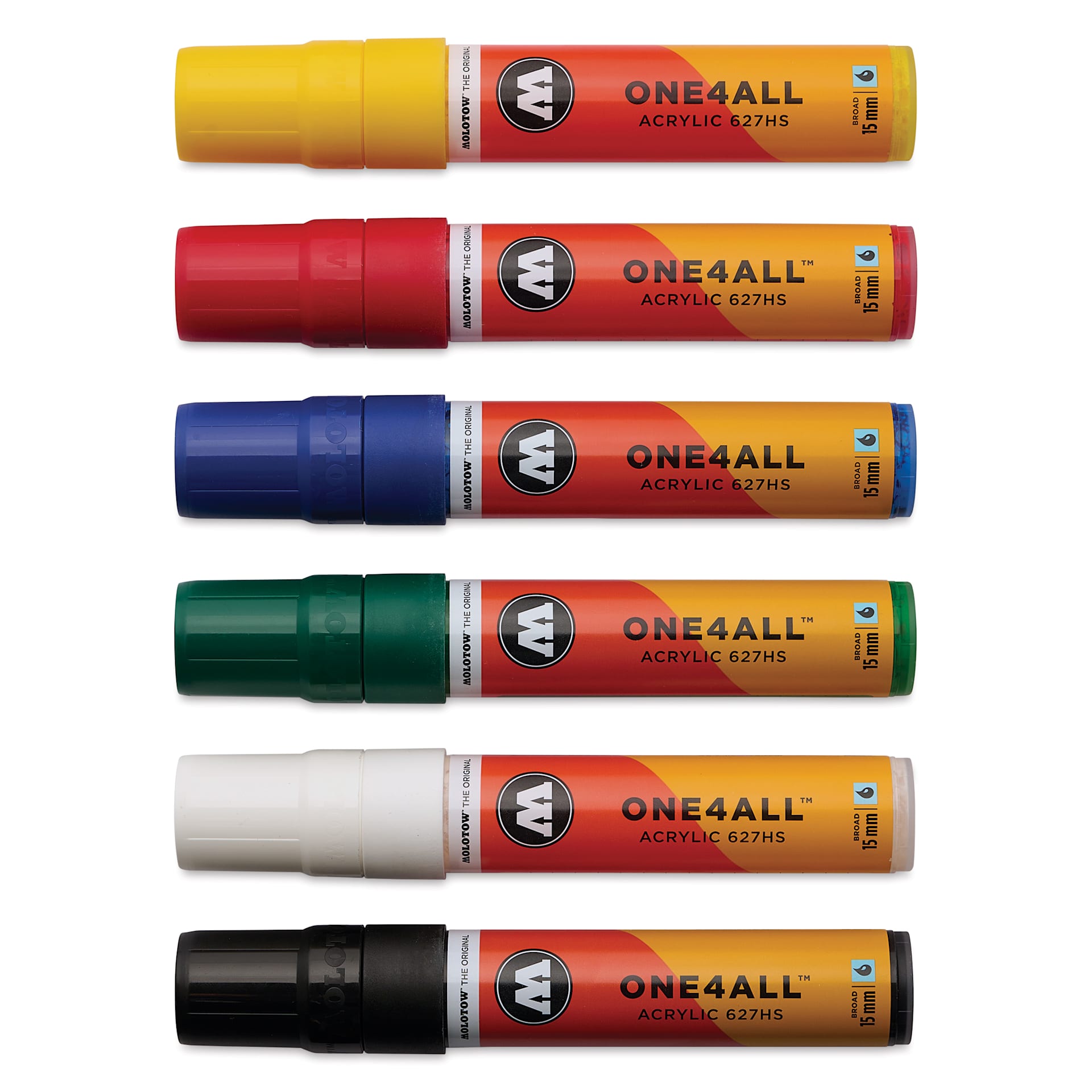 Molotow One4All Acrylic Markers - Set of 6, Basic 1 Colors, 15 mm, caps on