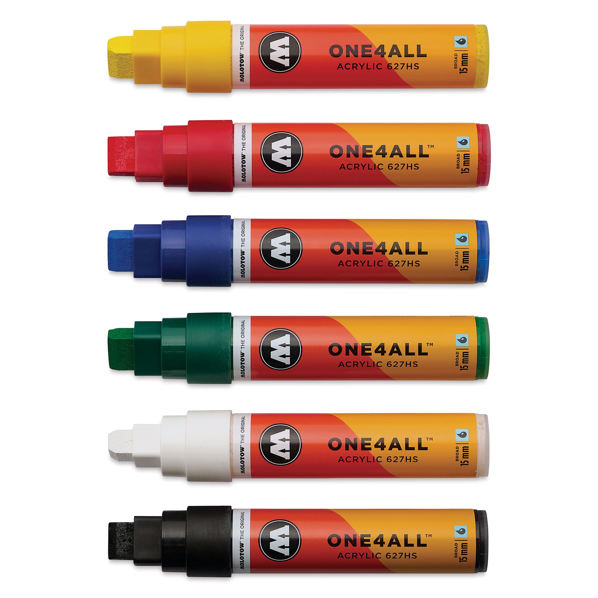 Molotow One4All Acrylic Markers - Set of 6, Basic 1 Colors, 15 mm, caps off