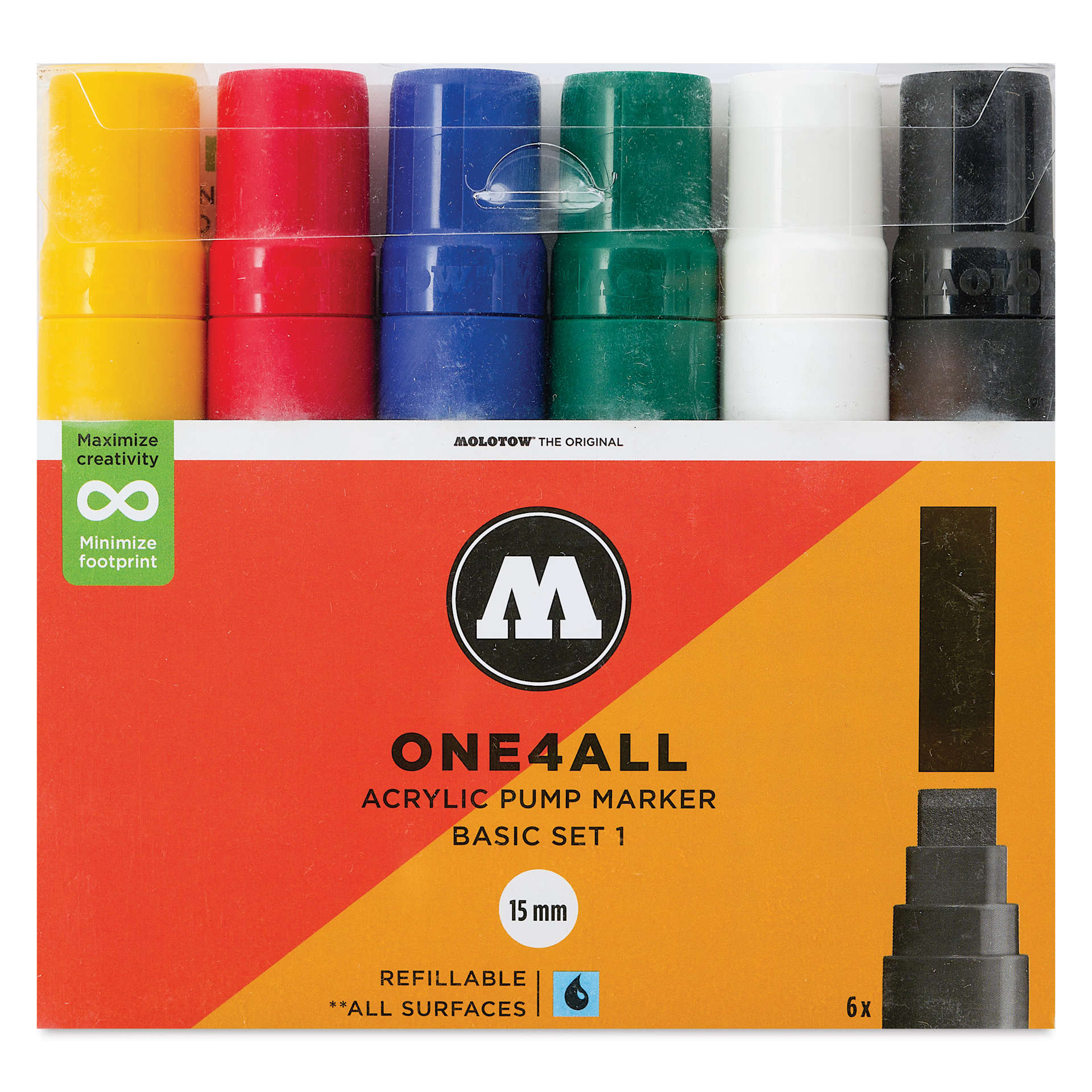 Molotow One4All Acrylic Markers - Set of 6, Basic 1 Colors, 15 mm, front of packaging