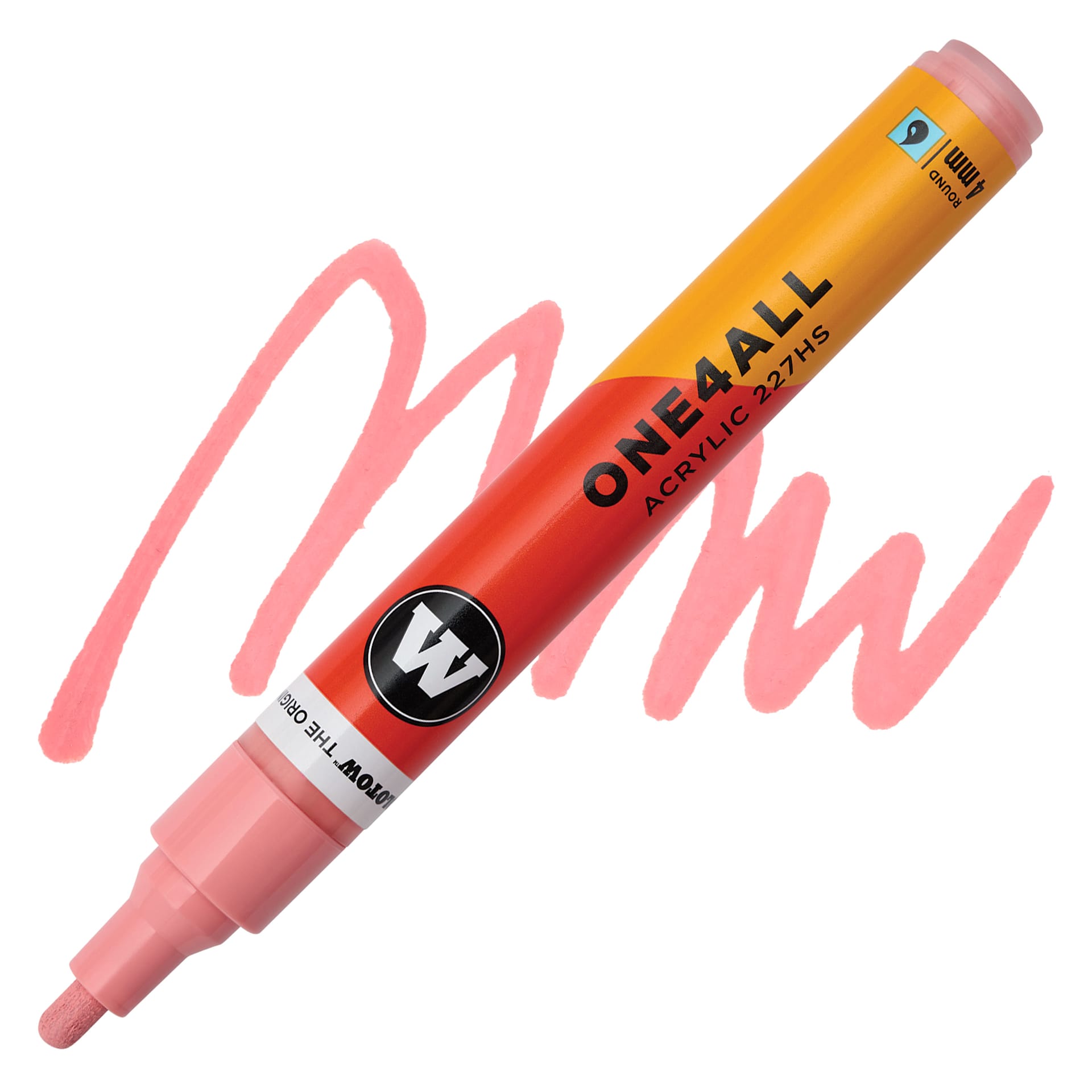 Molotow One4All Acrylic Marker - 4 mm Tip, Coral, Bullet Tip, swatch and marker