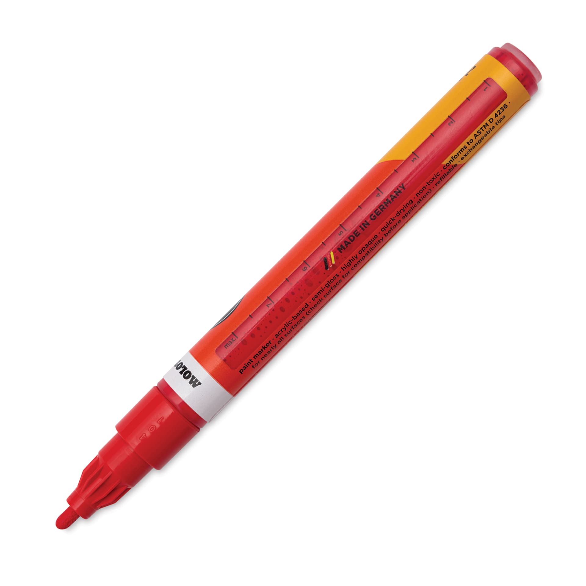 Molotow One4All Acrylic Marker - 2 mm Tip, Vermilion, Bullet Tip, cap off