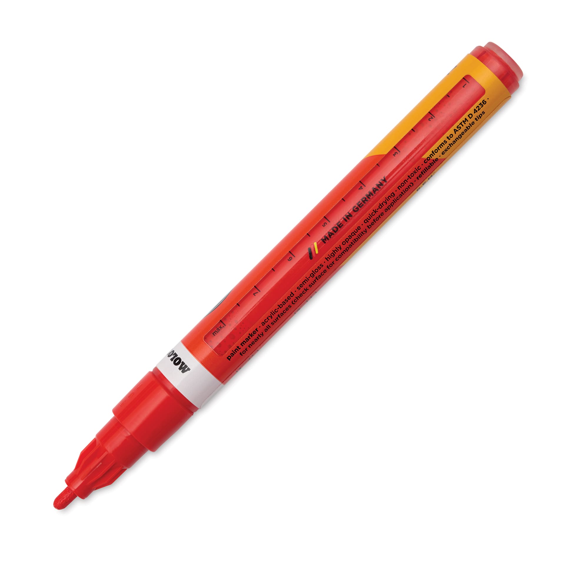 Molotow One4All Acrylic Marker - 2 mm Tip, Cherry Red, Bullet Tip, cap off showing ink