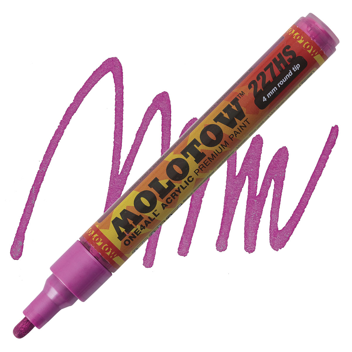 Molotow One4All Acrylic Marker - 4 mm Tip, Metallic Pink, Bullet Tip marker and swatch