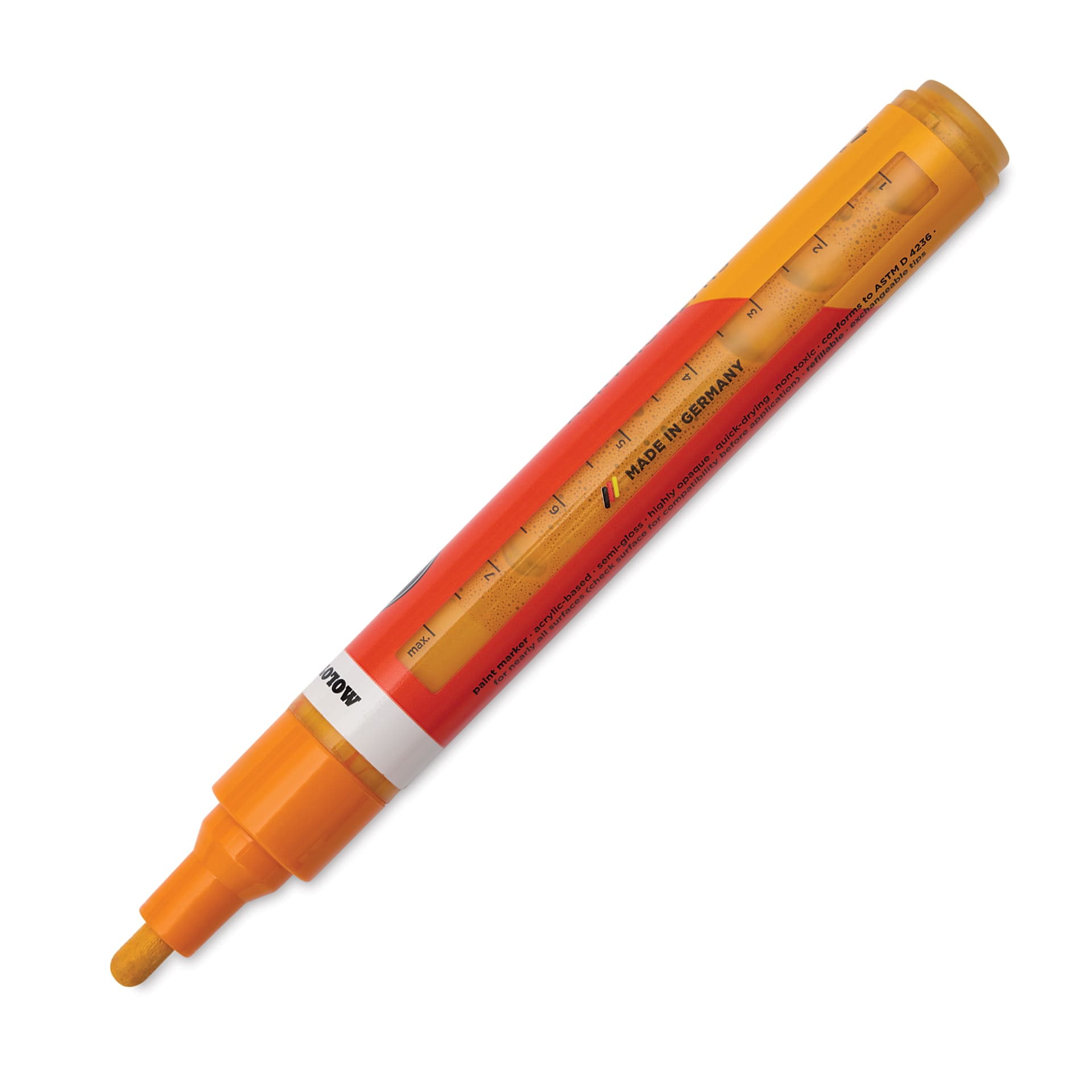 Molotow One4All Acrylic Marker - 4 mm Tip, Light Orange, Bullet Tip, cap of showing ink