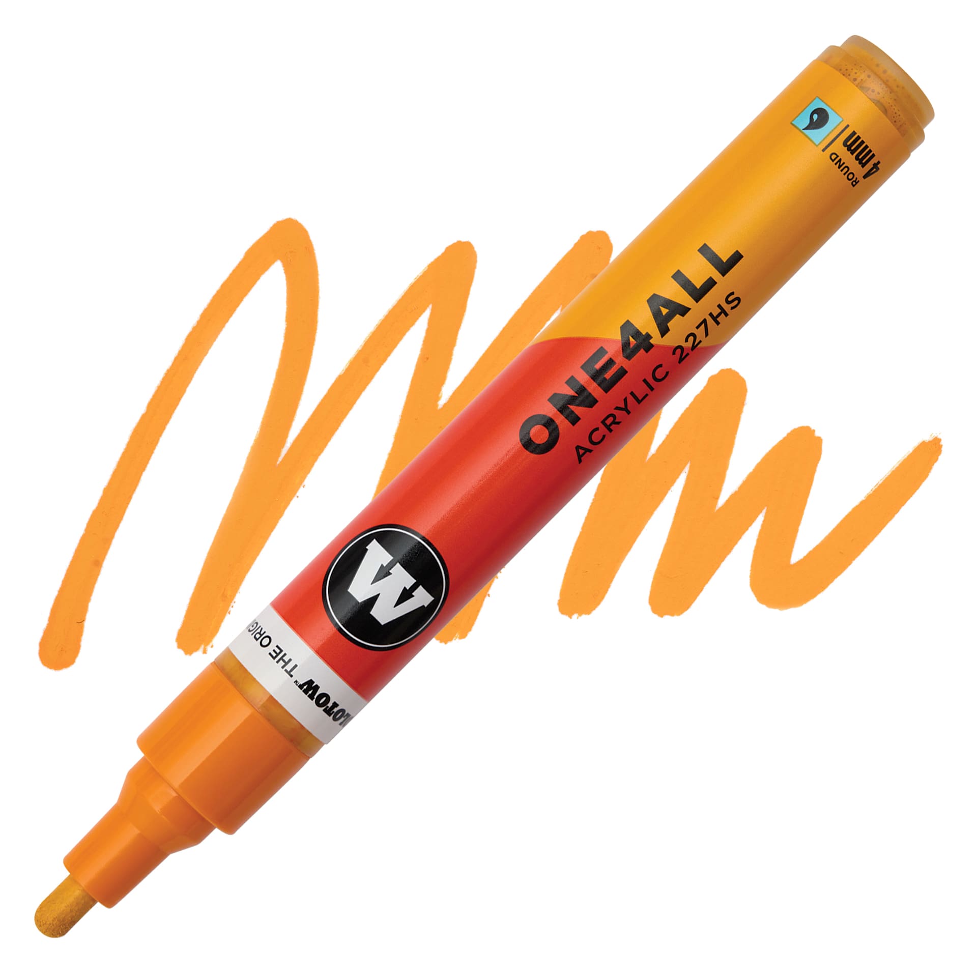 Molotow One4All Acrylic Marker - 4 mm Tip, Light Orange, Bullet Tip, swatch and marker