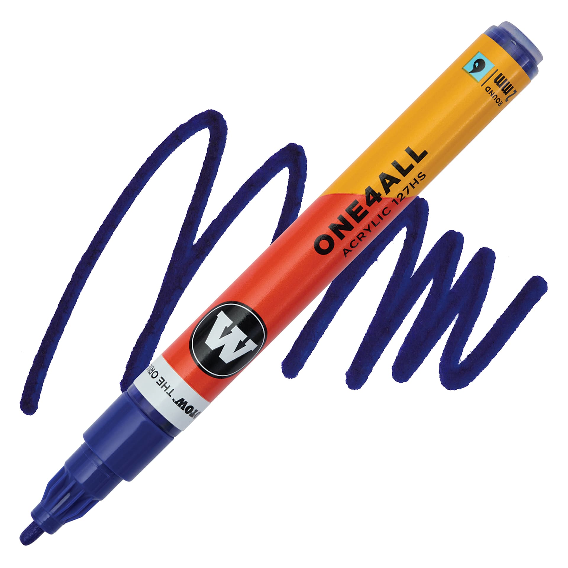 Molotow One4All Acrylic Marker - 2 mm Tip, Night Blue, Bullet Tip, swatch and marker