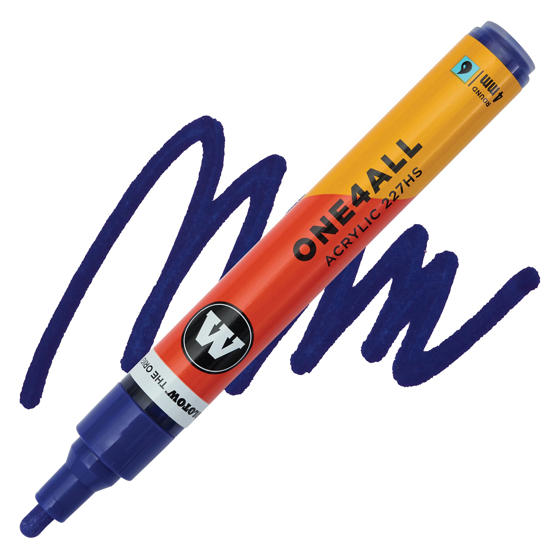 Molotow One4All Acrylic Marker - 4 mm Tip, Night Blue, Bullet Tip, swatch and marker