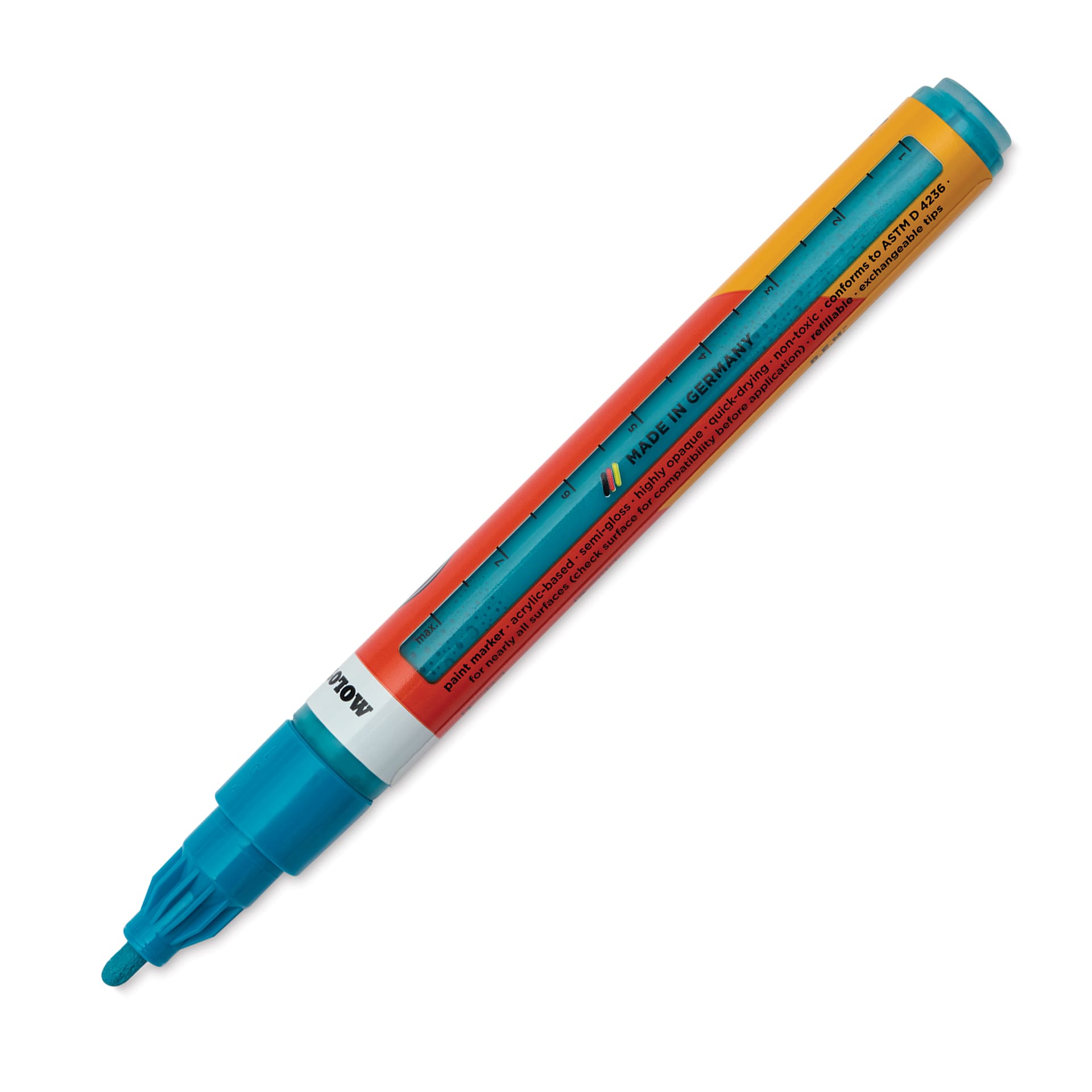 Molotow One4All Acrylic Marker - 2 mm Tip, Aqua, Bullet Tip, cap off showing ink