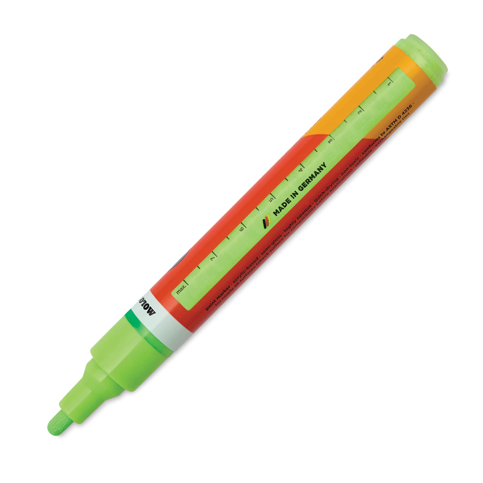 Molotow One4All Acrylic Marker - 4 mm Tip, Neon Green Light Fluorescent, Bullet Tip, cap off showing ink