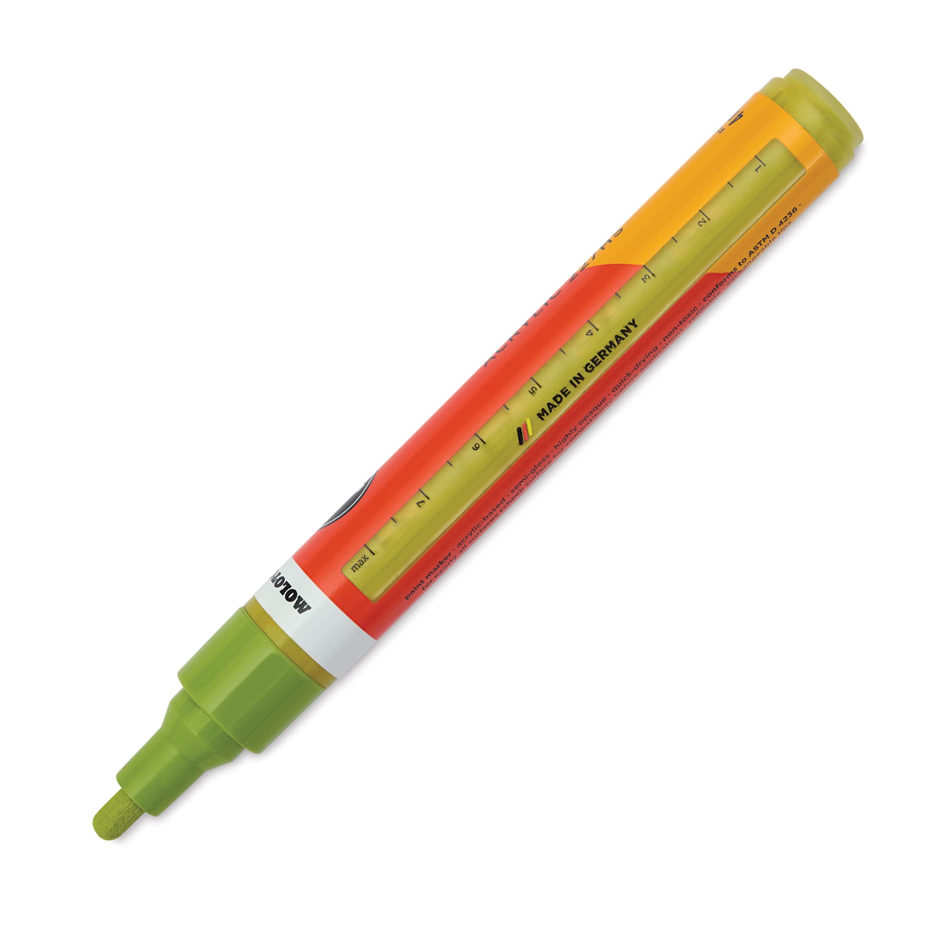 Molotow One4All Acrylic Marker - 4 mm Tip, Nature Green Light, Bullet Tip, cap of showing ink