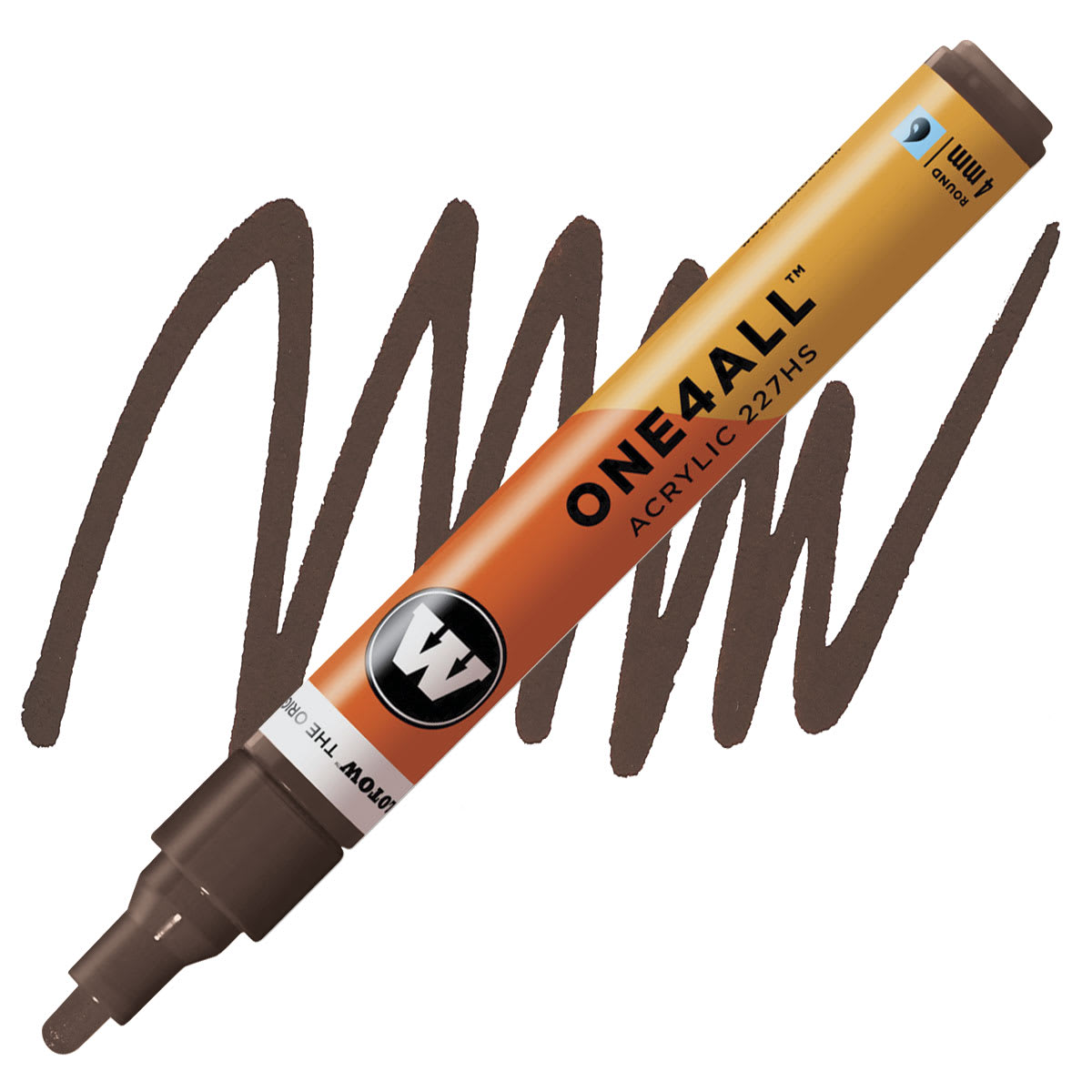 Molotow One4All Acrylic Marker - 4 mm Tip, Hazelnut, Bullet Tip marker and swatch Molotow One4All Acrylic Marker - 4 mm Tip, Hazelnut, Bullet Tip marker and swatch