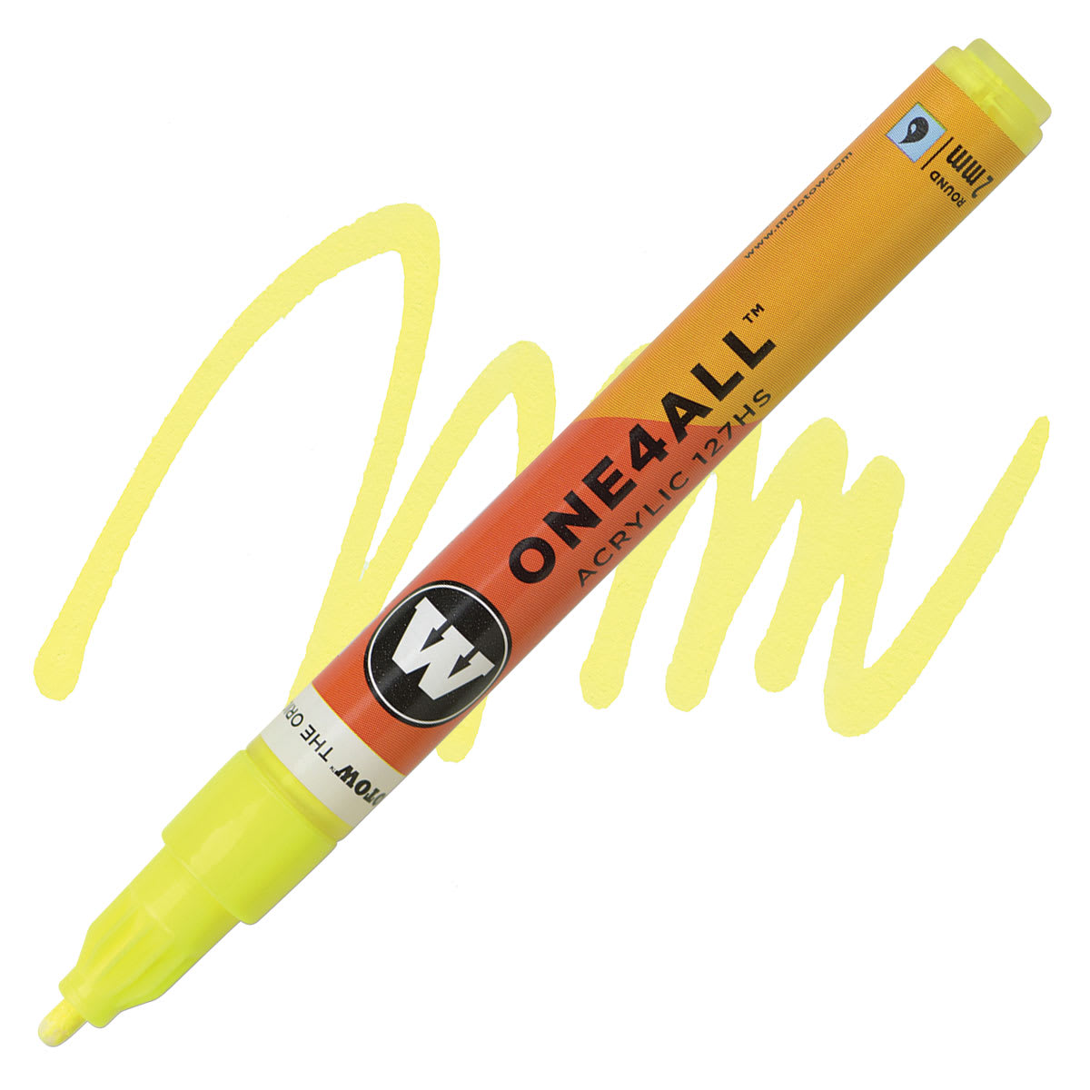 Molotow One4All Acrylic Marker - 2 mm Tip, Neon Yellow Fluorescent, Bullet Tip marker and swatch