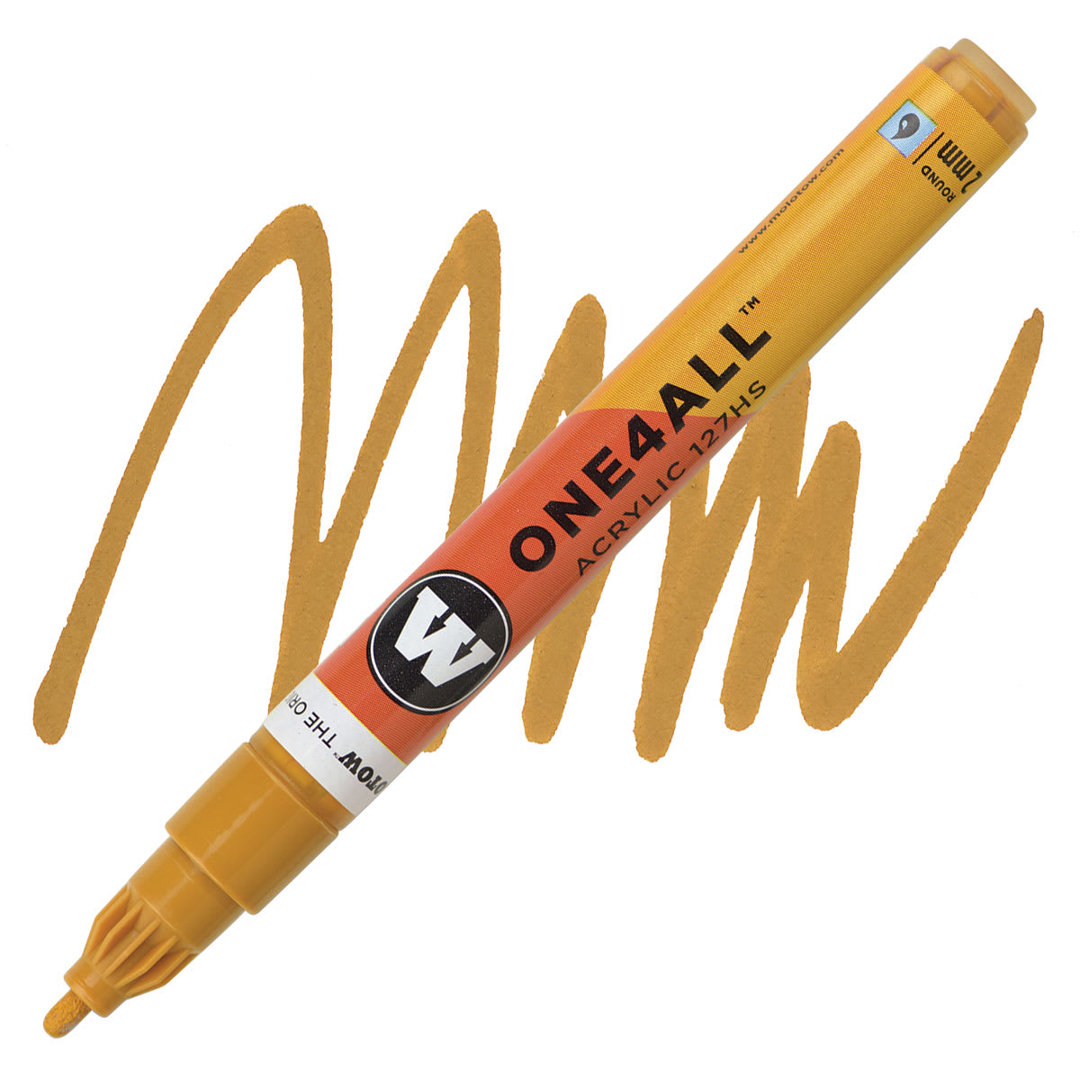 Molotow One4All Acrylic Marker - 2 mm Tip, Ochre Brown Light, Bullet Tip marker and swatch