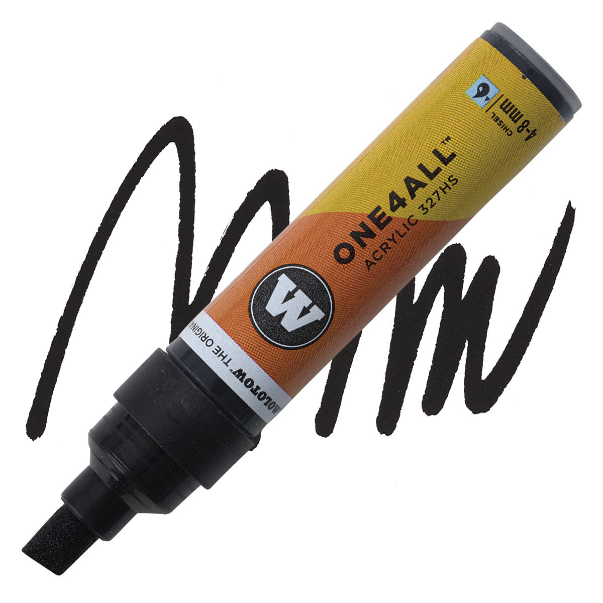 Molotow One4All Acrylic Marker - 4 mm Tip, Signal Black, Chisel Tip marker and swatch