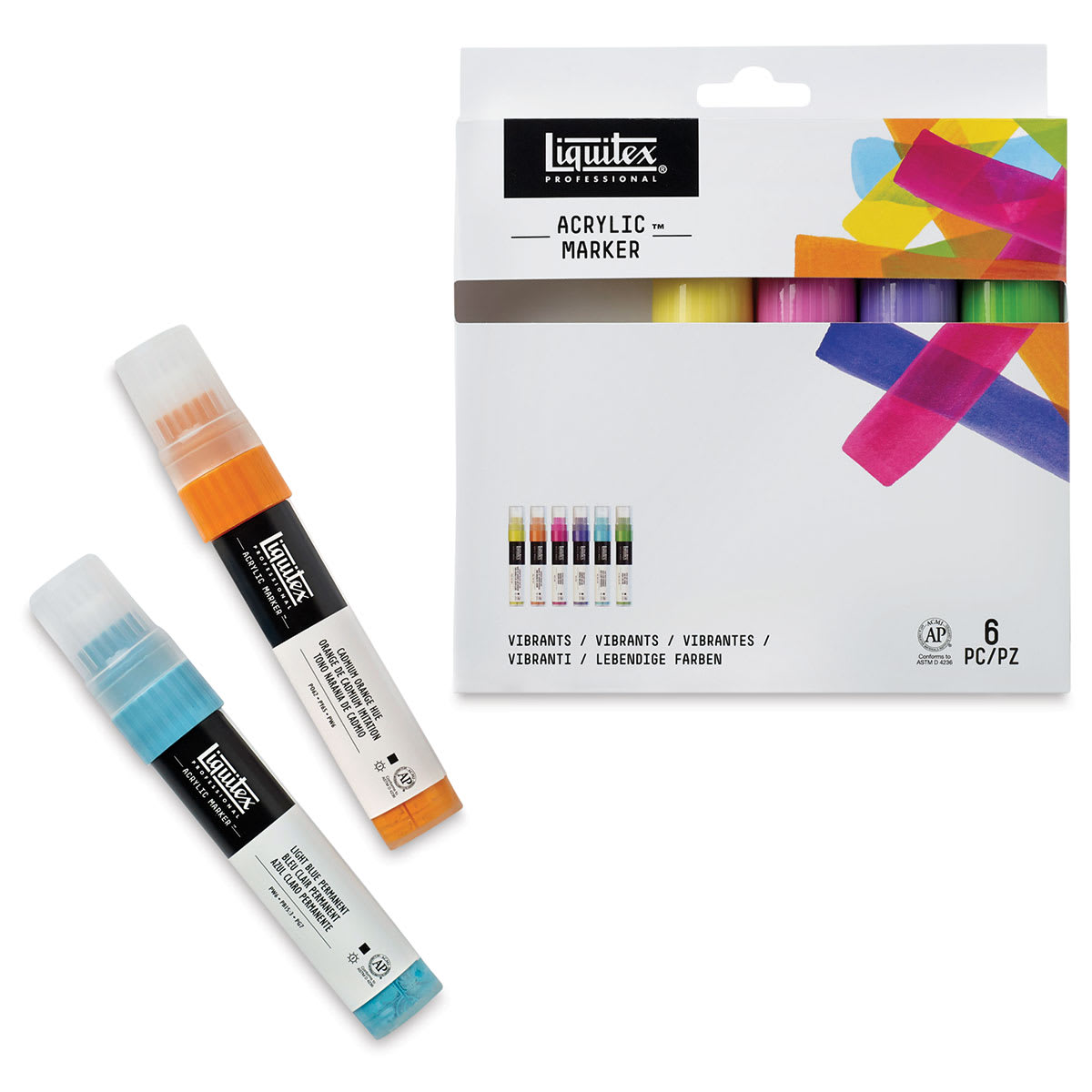 Liquitex Paint Marker - Vibrant Colors, Set of 6, two markers in front of the packaging