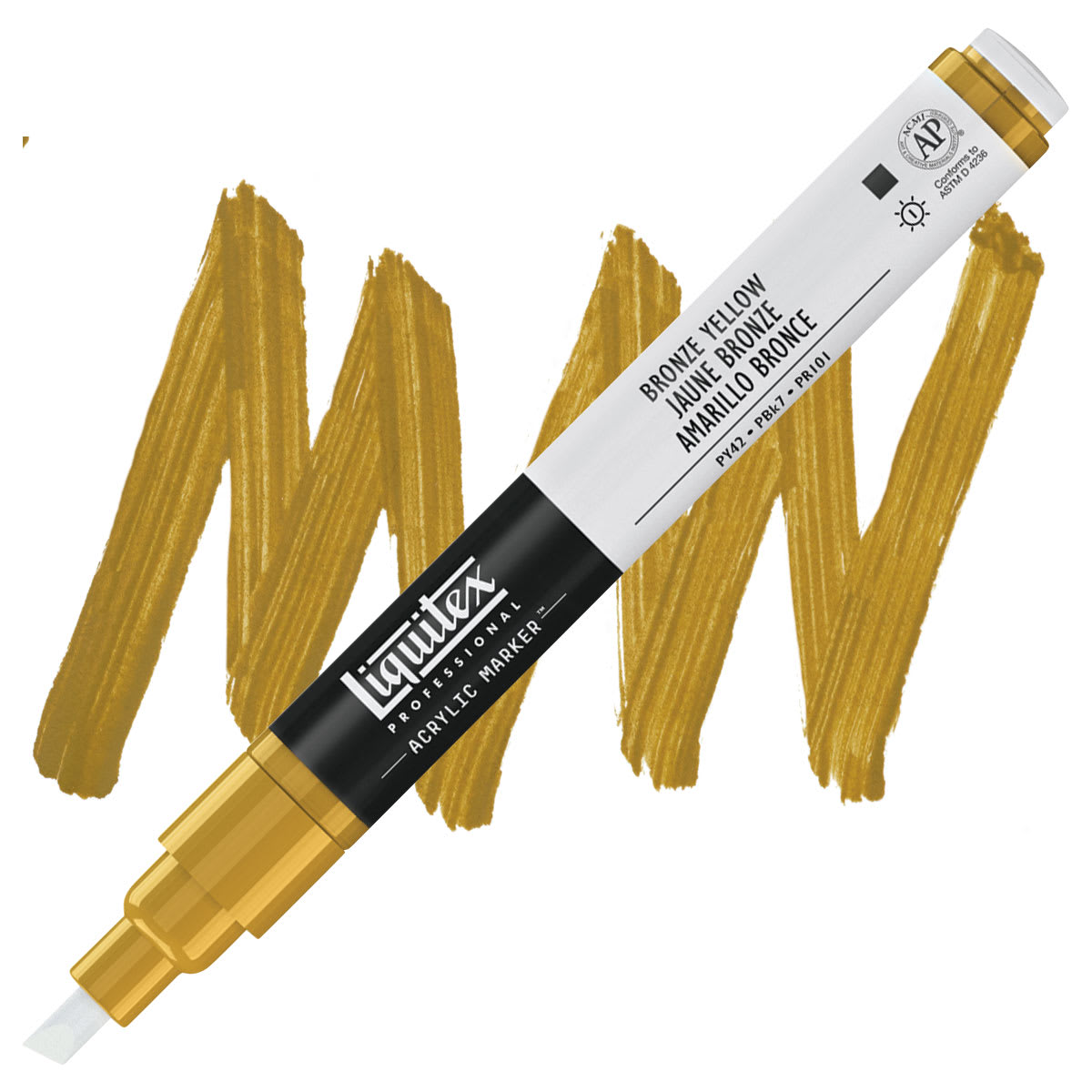 Liquitex Paint Marker - Bronze Yellow, 2mm Tip marker and swatch