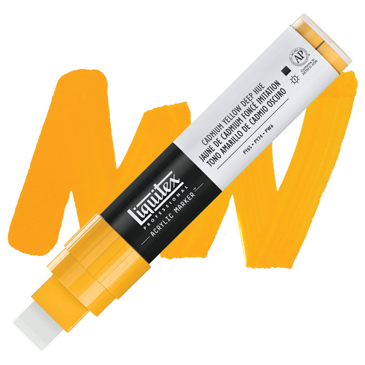 Liquitex Paint Marker - Cadmium Yellow Deep Hue, 15mm Tip marker and swatch