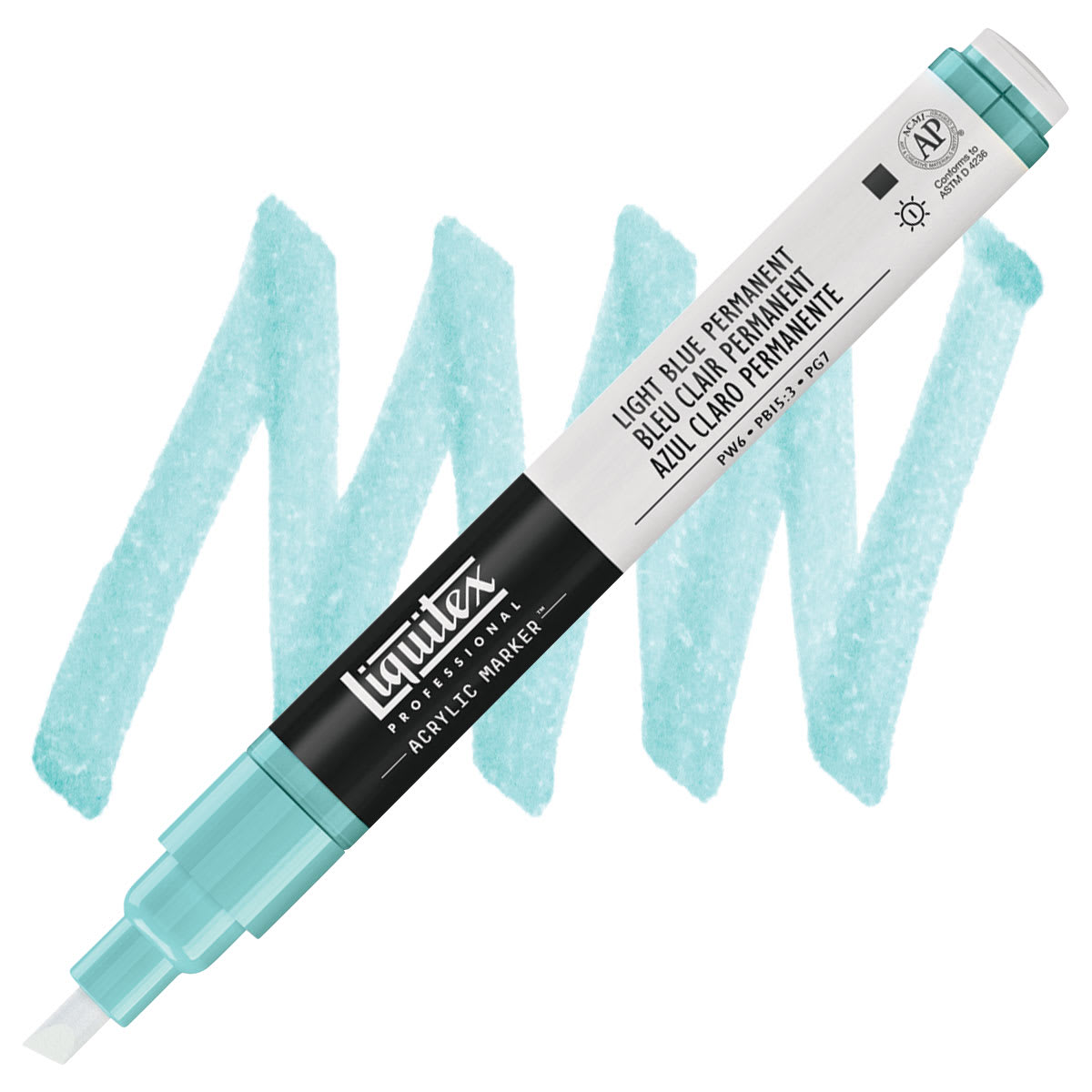 Liquitex Paint Marker - Light Blue Permanent, 2mm Tip marker and swatch