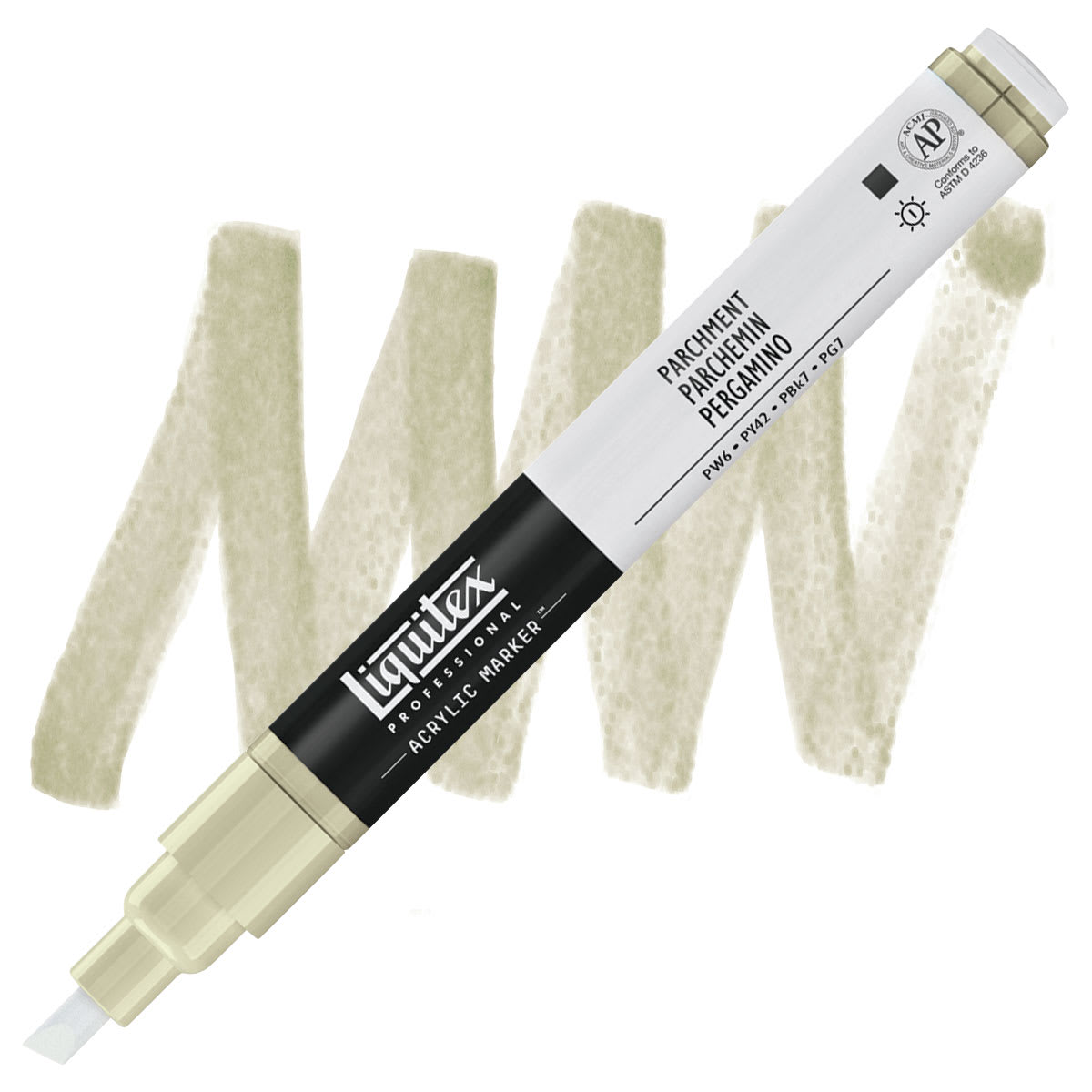 Liquitex Paint Marker - Parchment, 2mm Tip marker and swatch