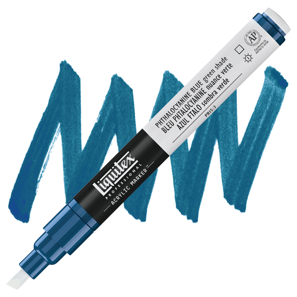Liquitex Paint Marker - Phthalocyanine Blue (Green Sade), 2mm Tip marker and swatch