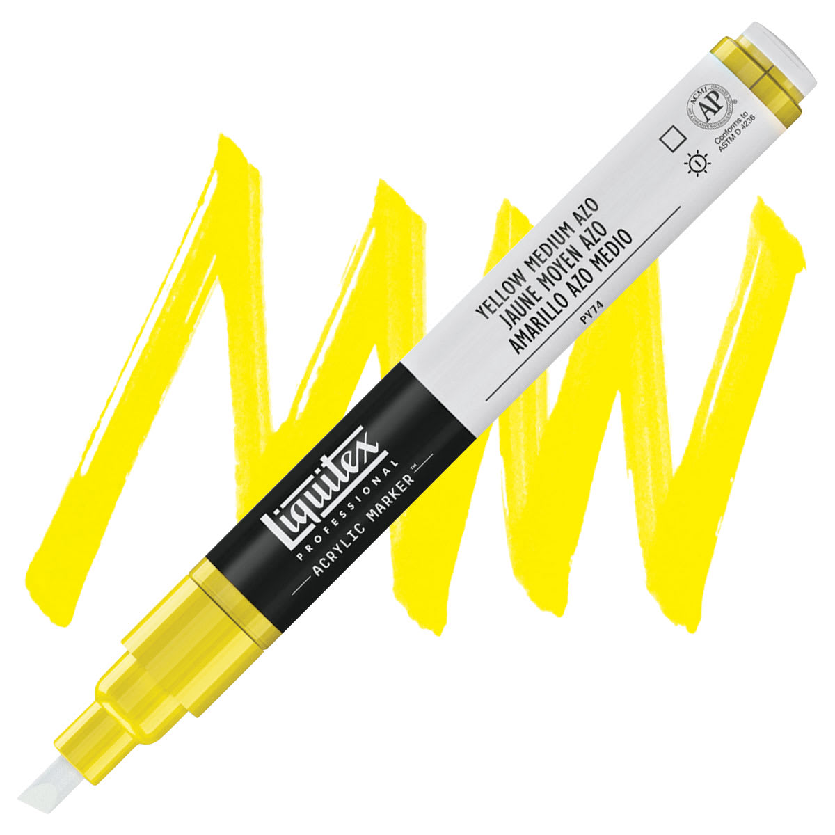 Liquitex Paint Marker - Yellow Medium Azo, 2mm Tip marker and swatch