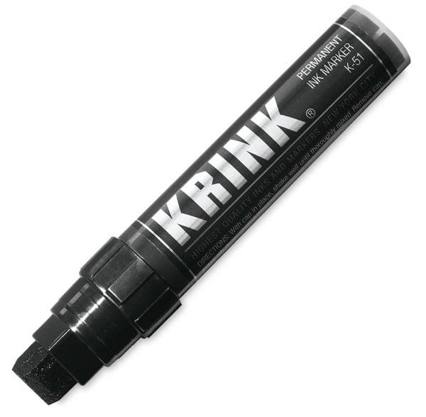 Krink K-51 Permanent Ink Marker - Large black marker at angle and uncapped Krink K-51 Permanent Ink Marker - Large black marker at angle and uncapped