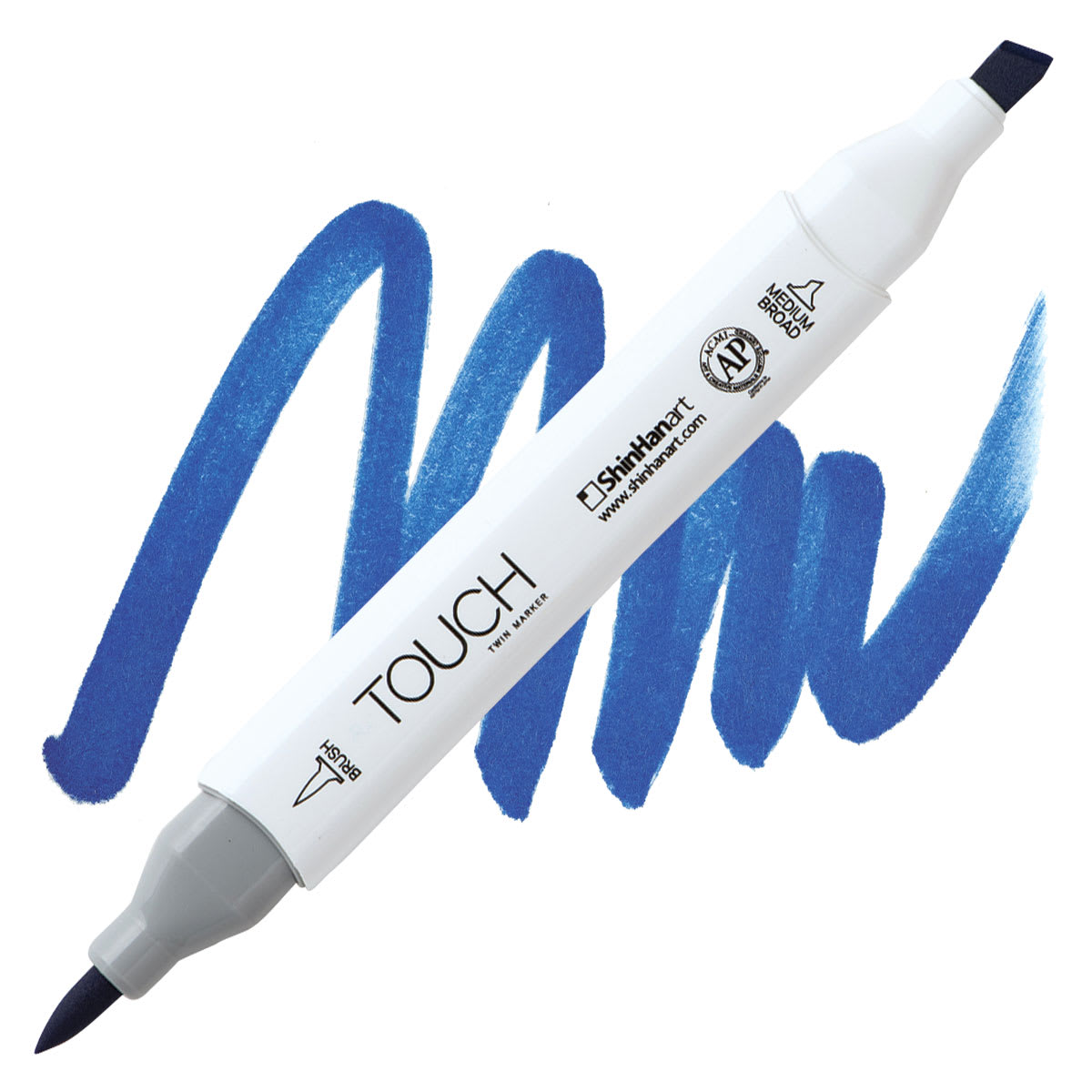 ShinHan Touch Twin Brush Marker - Brilliant Blue PB74 marker and swatch