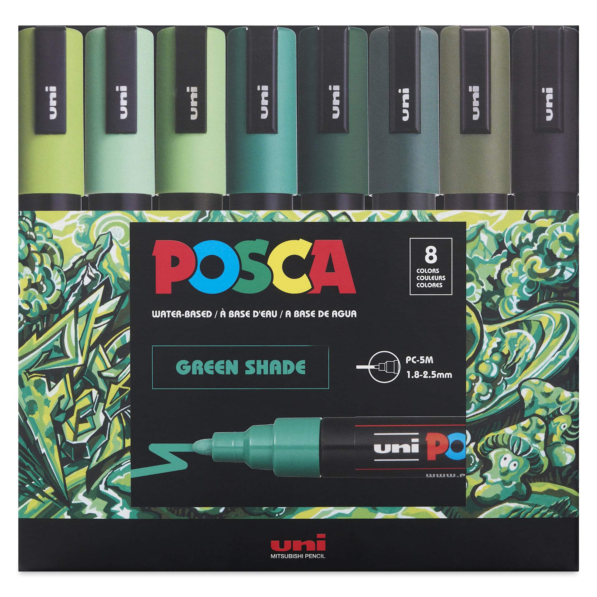 Posca Paint Markers - Set of 8, Green Shade Colors, Medium Bullet Tip, front of the packaging